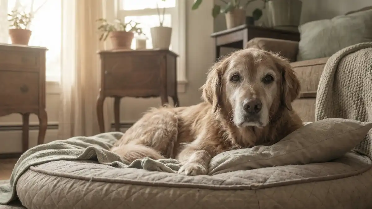 Alter schwacher Hund in seinem Körbchen