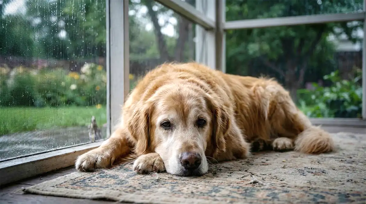 Liegender alter Hund mit steifen Gelenken