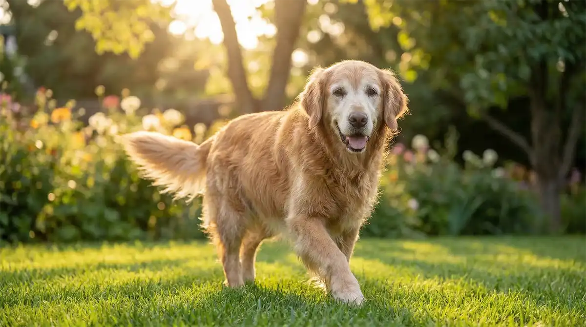 Glücklicher alter Hund genießt seinen Ruhestand dank guter Gelenke