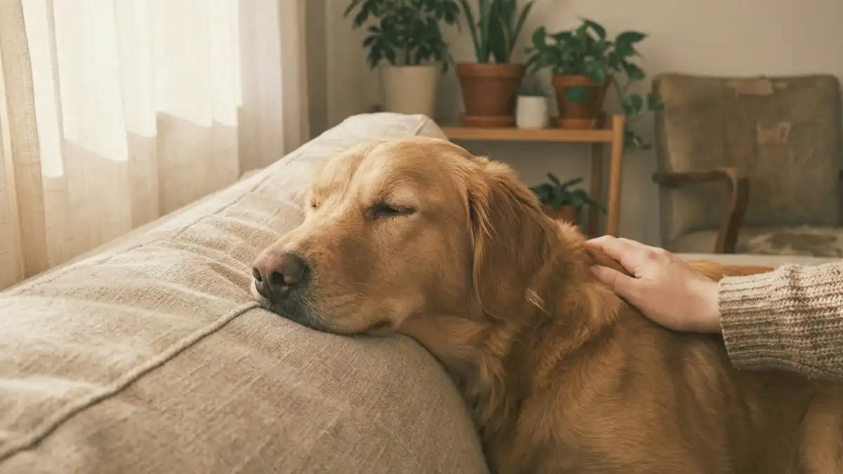 Hund mit ruhigem Magen liegt zufrieden auf dem Sofa