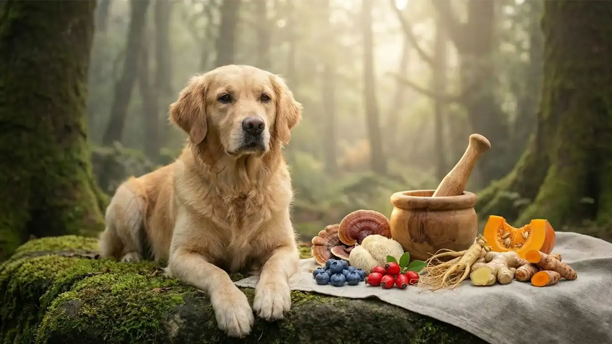 Gesunder Hund in der Natur mit Vitalpilzen und Superfoods