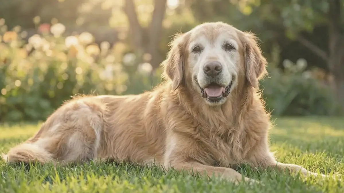 Glücklicher alter Hund liegt entspannt im Gras